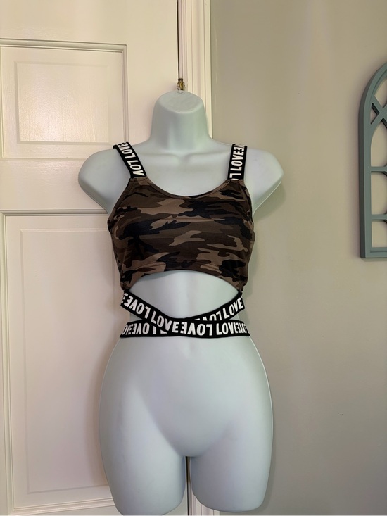 SHEIN Tops - SHEIN Camo Print top with 'LOVE' Elastic Straps - Brown/Black